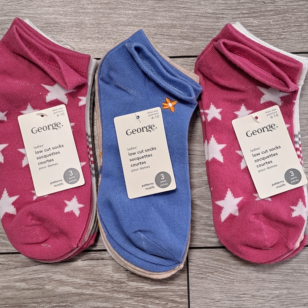 Lot Of 3 Brand New George Ladies Casual Low Cut Socks Pink and Blue Star Pattern